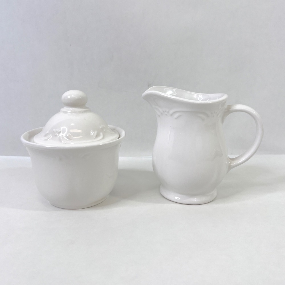 Pfaltzgraff Filigree White Stoneware Sugar Bowl with Lid and Creamer Pitcher Set - Picture 2 of 15